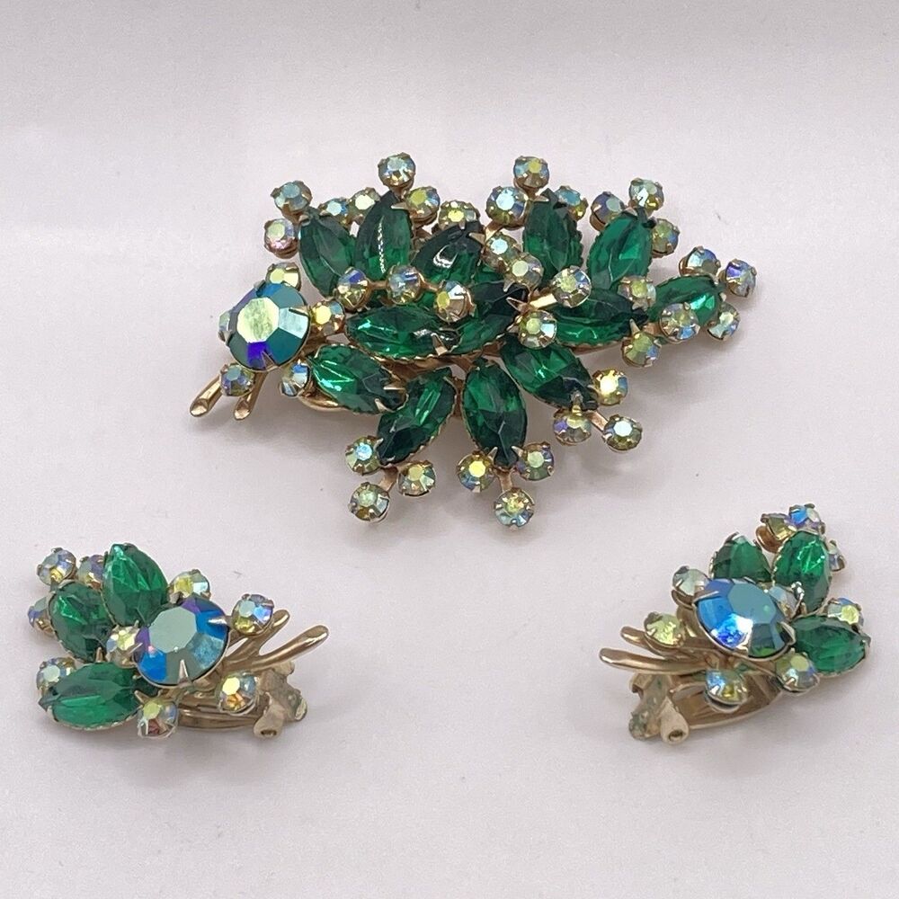 Emerald Green And AB rhinestone Brooch And Clip Earrings Statement Estate